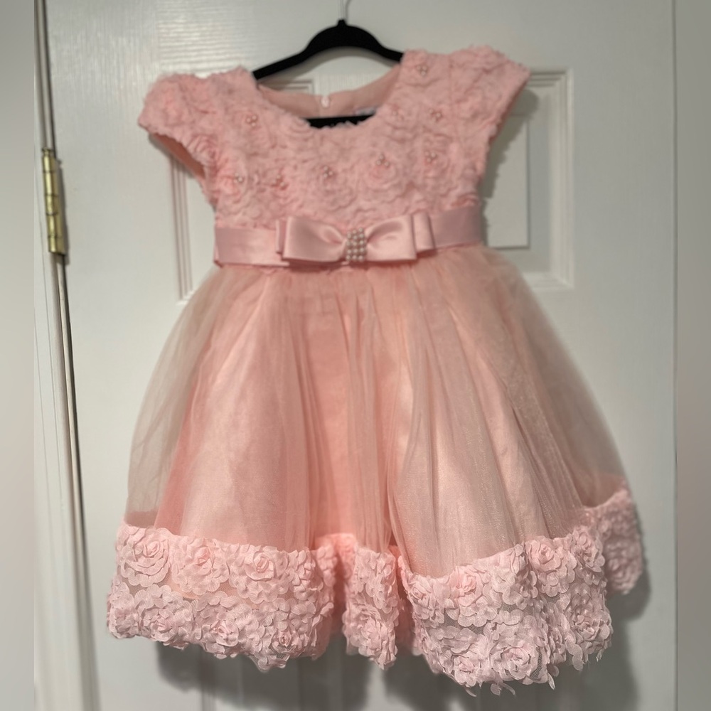 Girls Pink Floral Appliqué Tulle Dress with Satin Bow